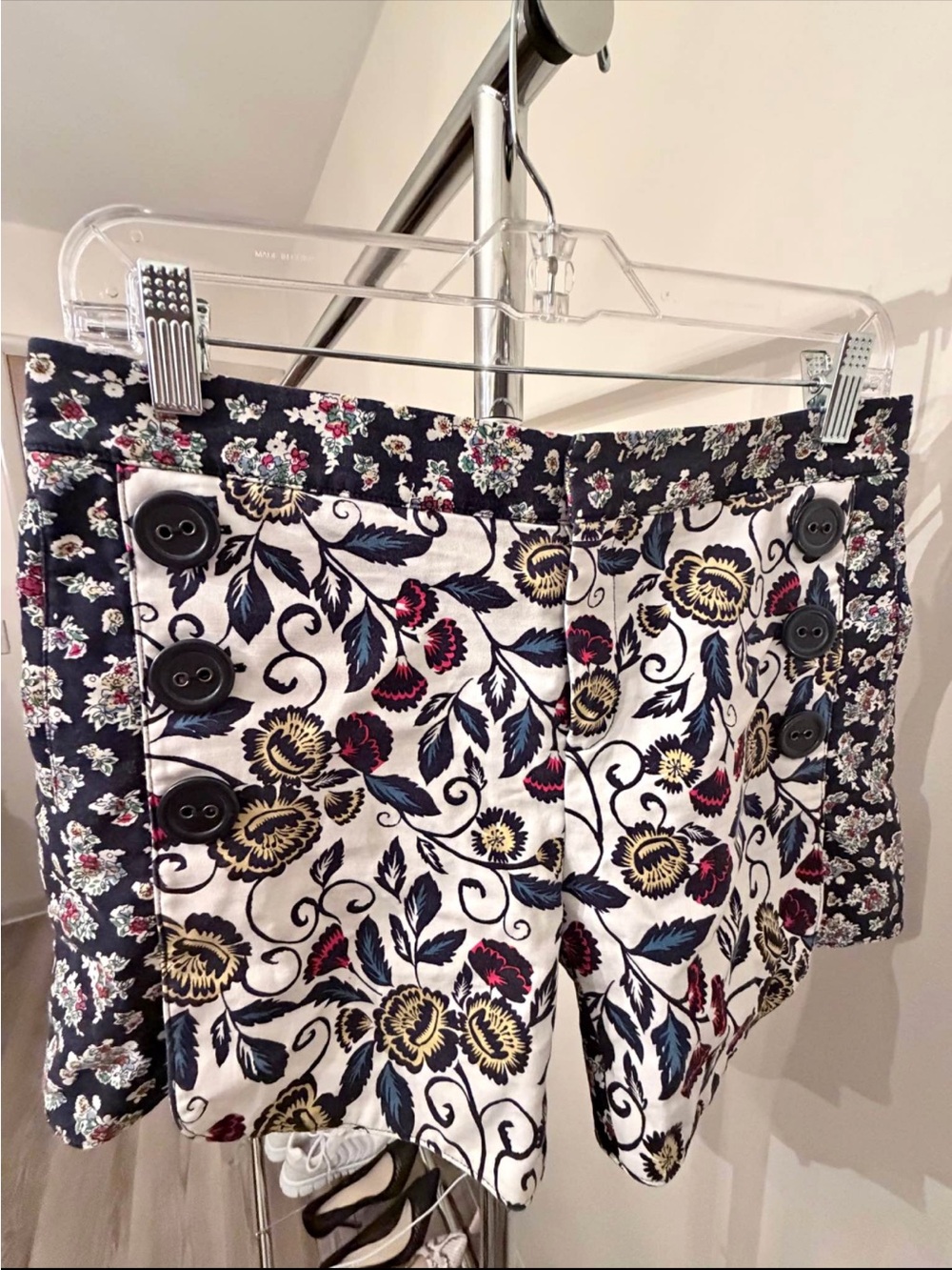 Cartonnier Navy, White and Gold Floral High-Waist Button Shorts